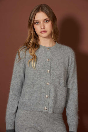 Grey Pure Cashmere Brushed Crew Neck Cardigan with Jewel Buttons