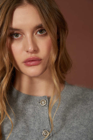 Grey Pure Cashmere Brushed Crew Neck Cardigan with Jewel Buttons