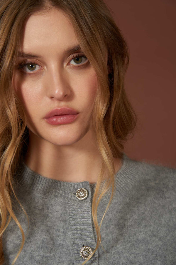 Grey Pure Cashmere Brushed Crew Neck Cardigan with Jewel Buttons