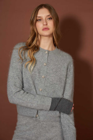 Grey Pure Cashmere Brushed Crew Neck Cardigan with Jewel Buttons