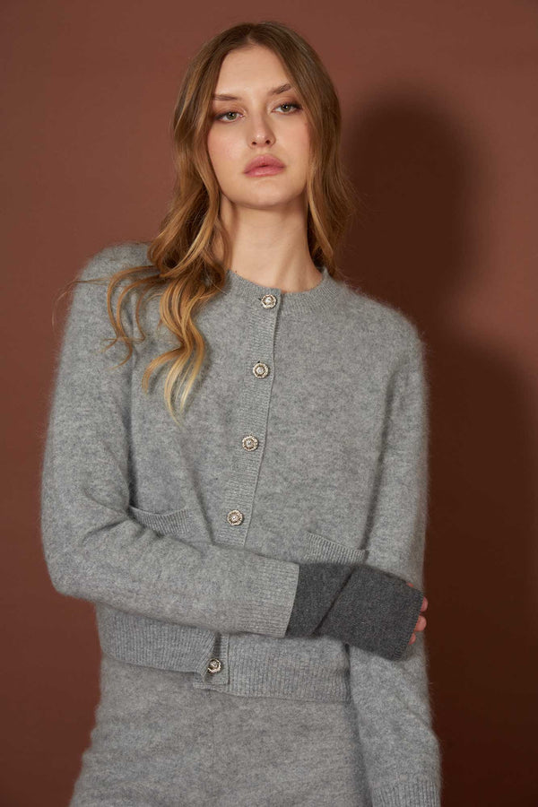Grey Pure Cashmere Brushed Crew Neck Cardigan with Jewel Buttons