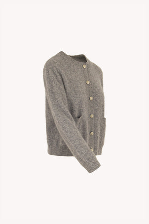 Grey Pure Cashmere Brushed Crew Neck Cardigan with Jewel Buttons