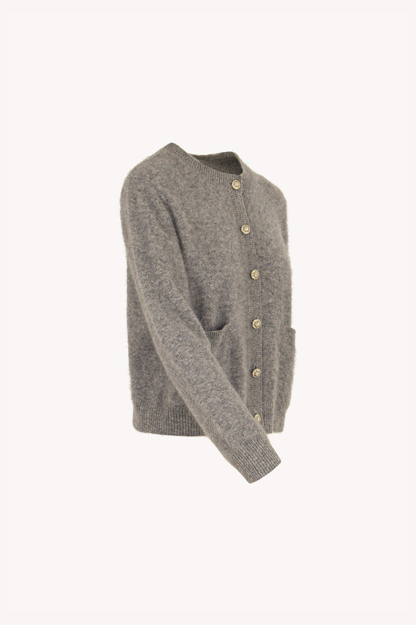 Grey Pure Cashmere Brushed Crew Neck Cardigan with Jewel Buttons