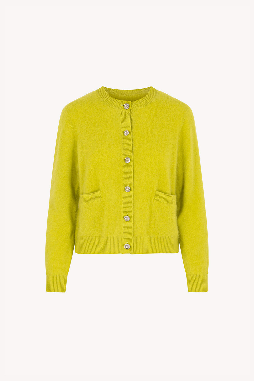 Lime Pure Cashmere Brushed Crew Neck Cardigan with Jewel Buttons