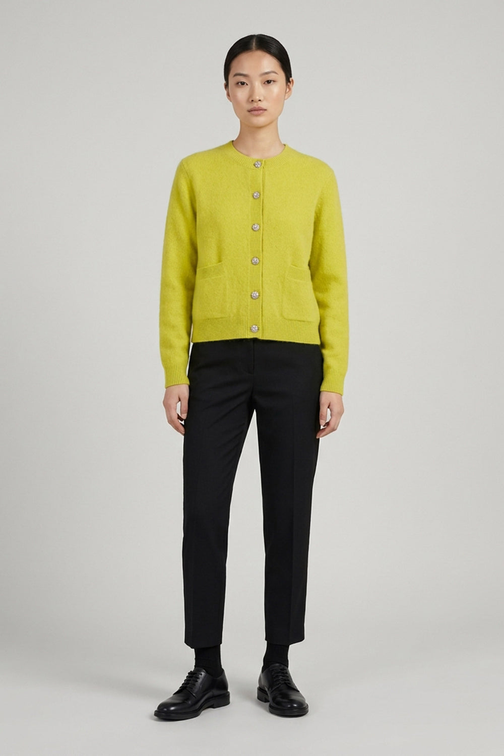 Lime Pure Cashmere Brushed Crew Neck Cardigan with Jewel Buttons