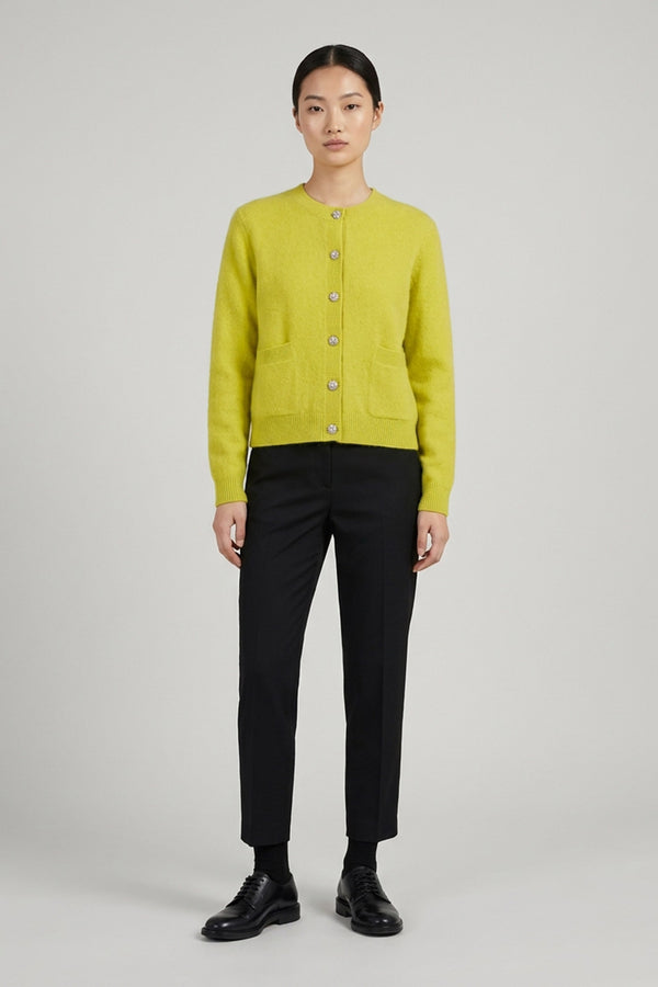 Lime Pure Cashmere Brushed Crew Neck Cardigan with Jewel Buttons