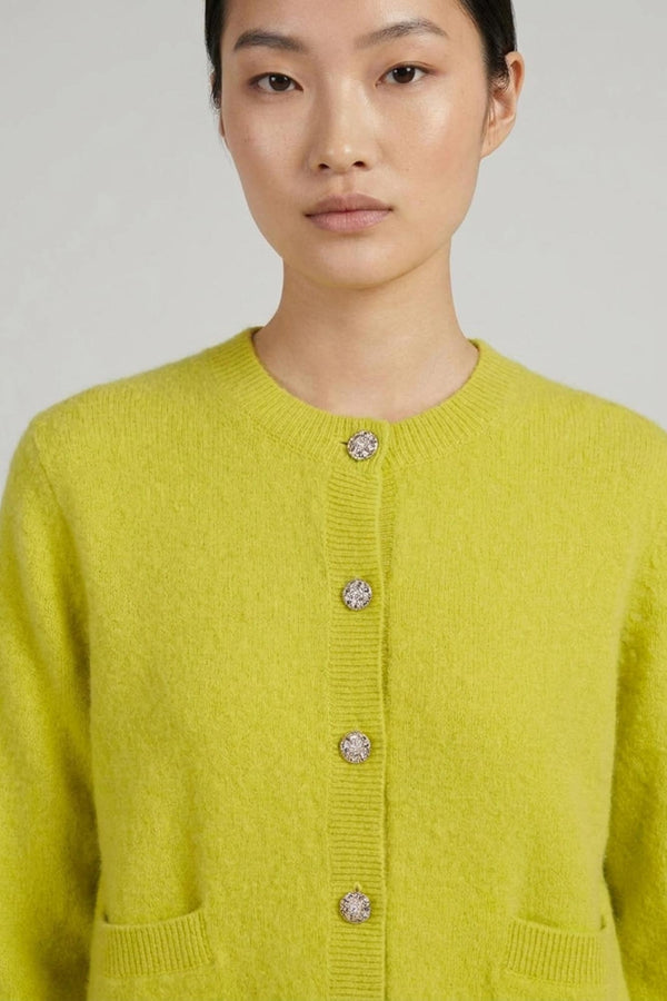 Lime Pure Cashmere Brushed Crew Neck Cardigan with Jewel Buttons