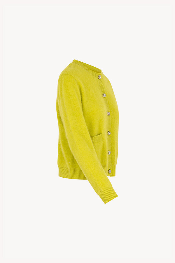 Lime Pure Cashmere Brushed Crew Neck Cardigan with Jewel Buttons