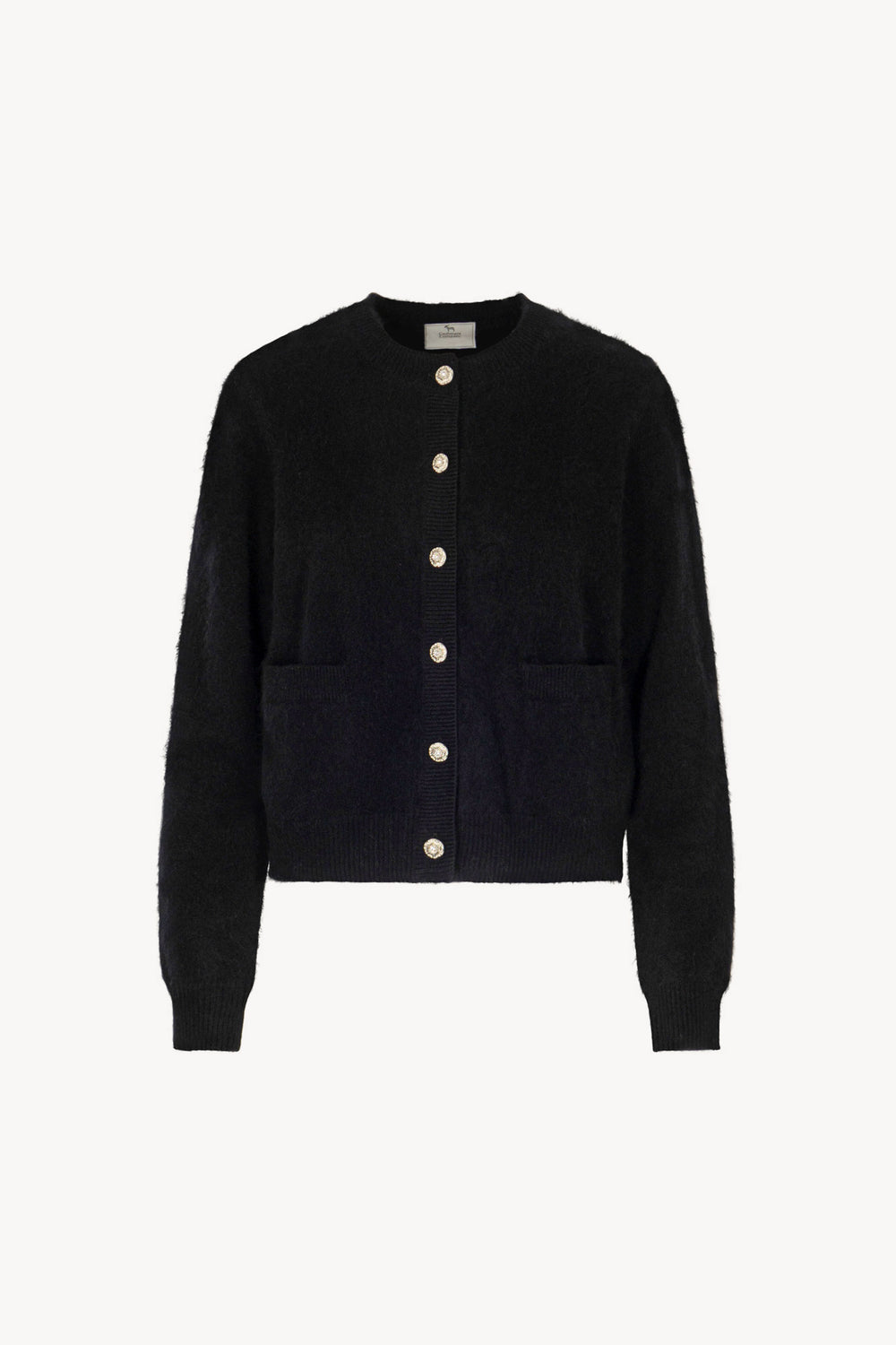 Black Pure Cashmere Brushed Crew Neck Cardigan with Jewel Buttons