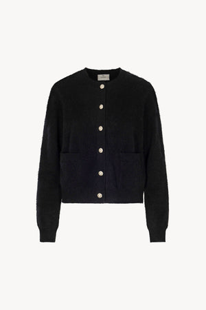 Black Pure Cashmere Brushed Crew Neck Cardigan with Jewel Buttons