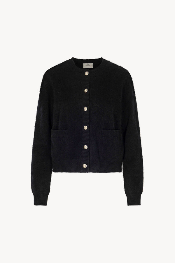 Black Pure Cashmere Brushed Crew Neck Cardigan with Jewel Buttons