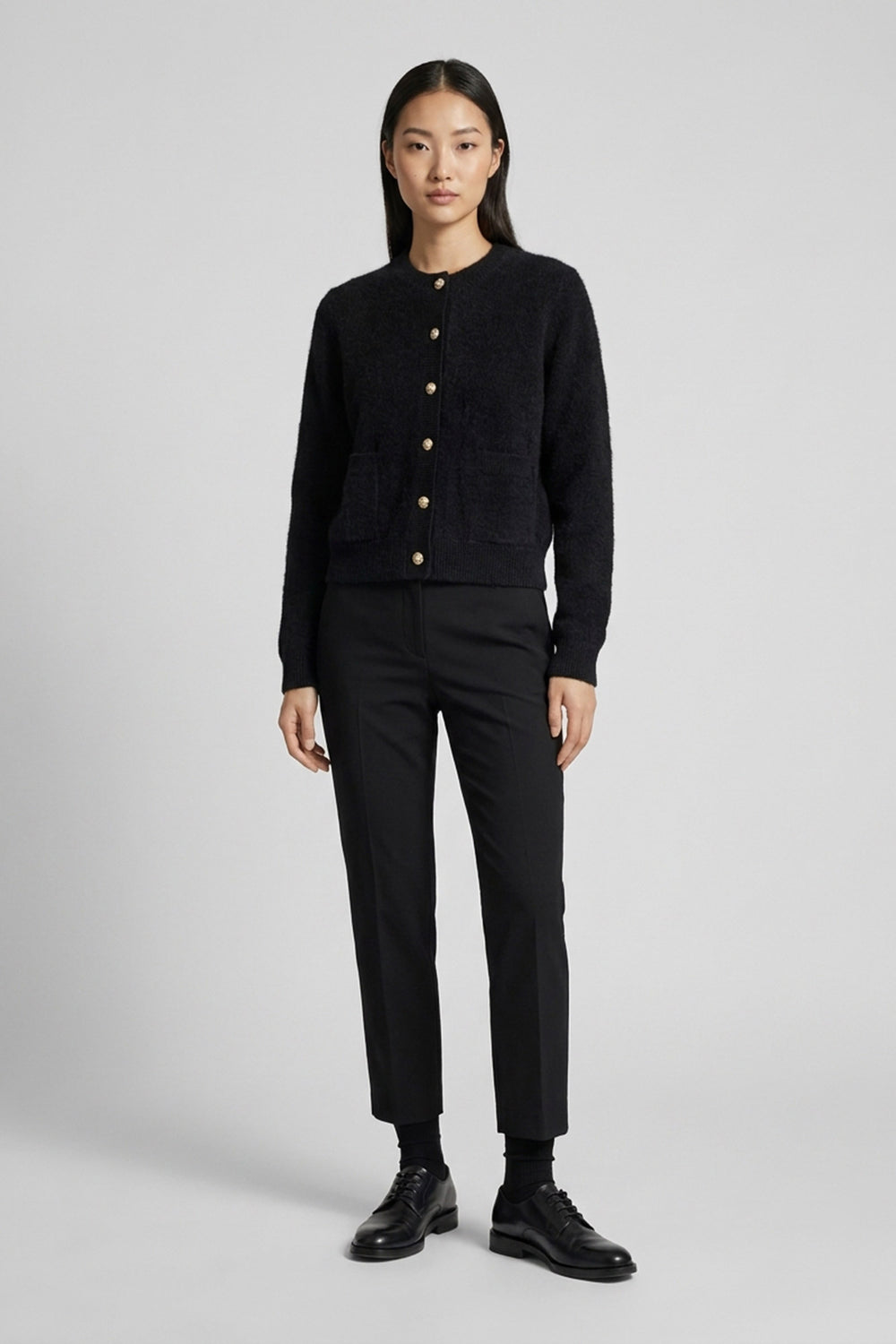 Black Pure Cashmere Brushed Crew Neck Cardigan with Jewel Buttons