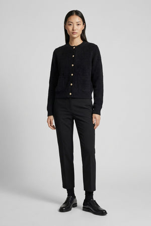 Black Pure Cashmere Brushed Crew Neck Cardigan with Jewel Buttons