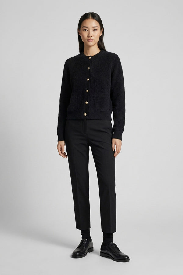 Black Pure Cashmere Brushed Crew Neck Cardigan with Jewel Buttons