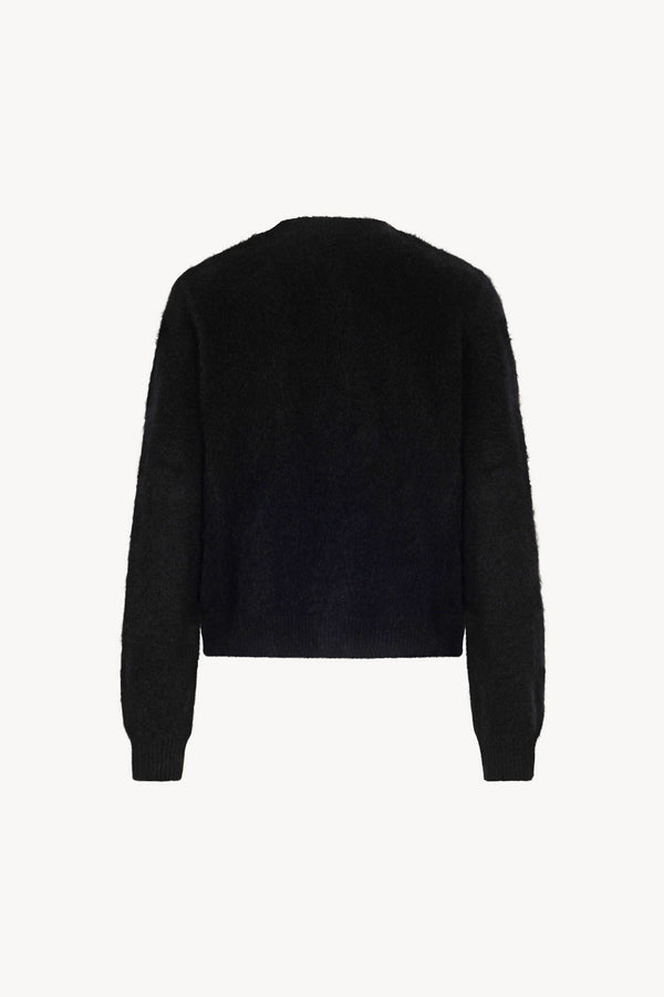 Black Pure Cashmere Brushed Crew Neck Cardigan with Jewel Buttons