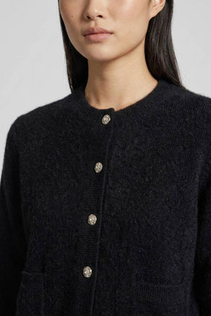 Black Pure Cashmere Brushed Crew Neck Cardigan with Jewel Buttons