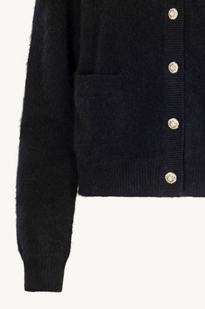 Black Pure Cashmere Brushed Crew Neck Cardigan with Jewel Buttons
