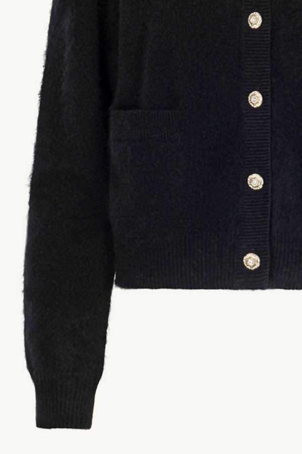 Black Pure Cashmere Brushed Crew Neck Cardigan with Jewel Buttons