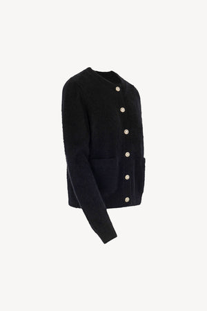 Black Pure Cashmere Brushed Crew Neck Cardigan with Jewel Buttons