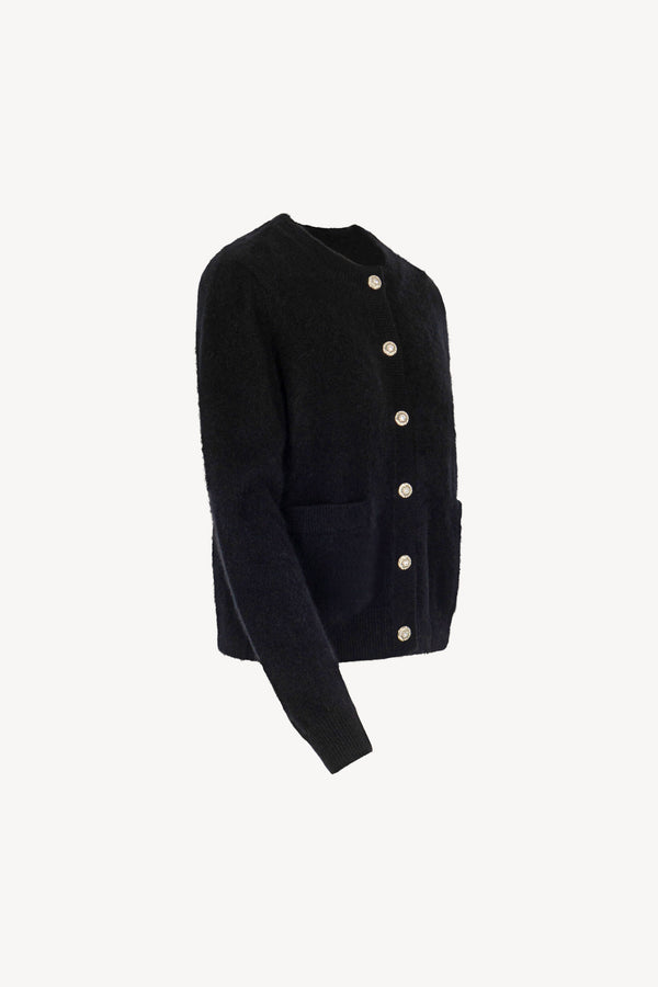 Black Pure Cashmere Brushed Crew Neck Cardigan with Jewel Buttons