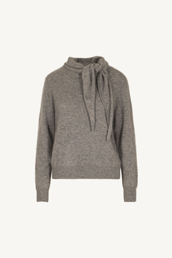 Grey Pure Cashmere Brushed Sweater with Scarf Neck