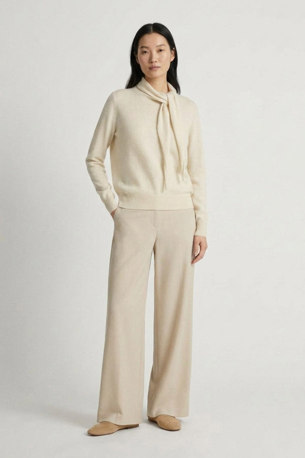 Ivory Pure Cashmere Brushed Sweater with Scarf Neck