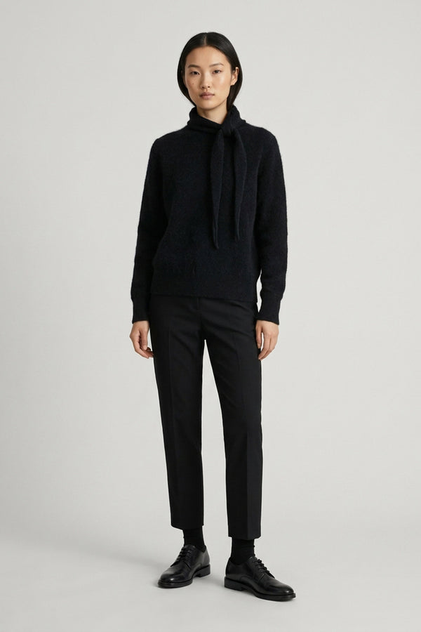 Maglia con Collo a Sciarpa in Puro Cashmere Spazzolato Nero