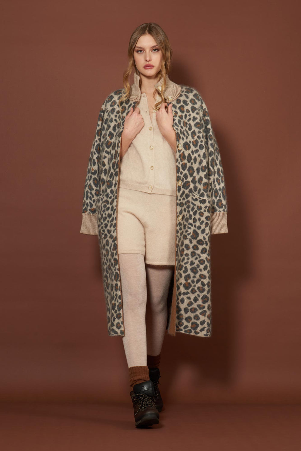 Ivory Pure Cashmere Brushed Animal-print Jacquard Coat