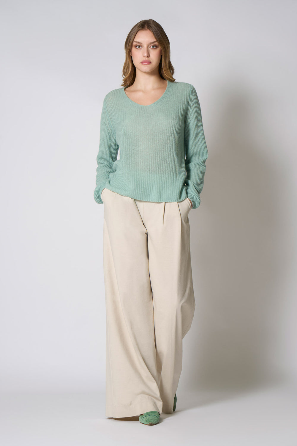Maglia Scollo a V Costa Inglese in Puro Cashmere Verde Giada