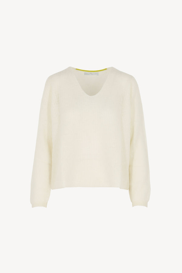 Ivory Pure Cashmere English Rib V-Neck Sweater