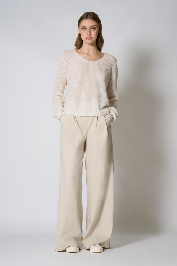 Maglia Scollo a V Costa Inglese in Puro Cashmere Bianco Latte