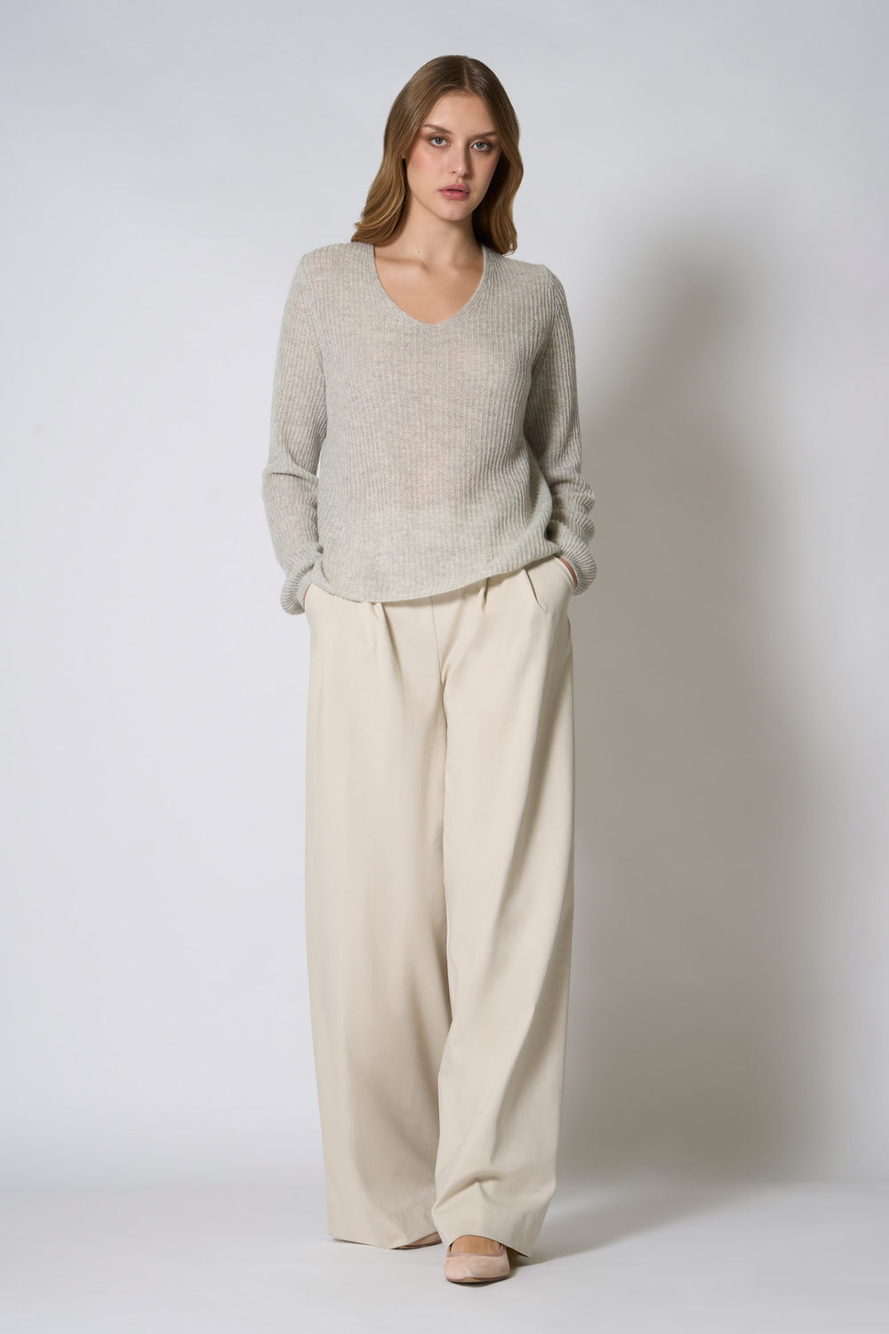 Maglia Scollo a V Costa Inglese in Puro Cashmere Grigio Perla