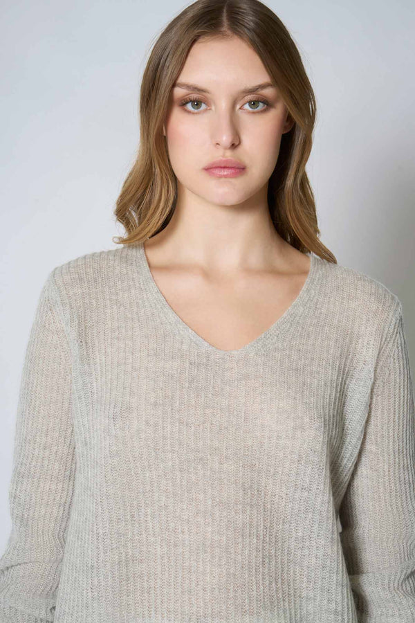 Maglia Scollo a V Costa Inglese in Puro Cashmere Grigio Perla