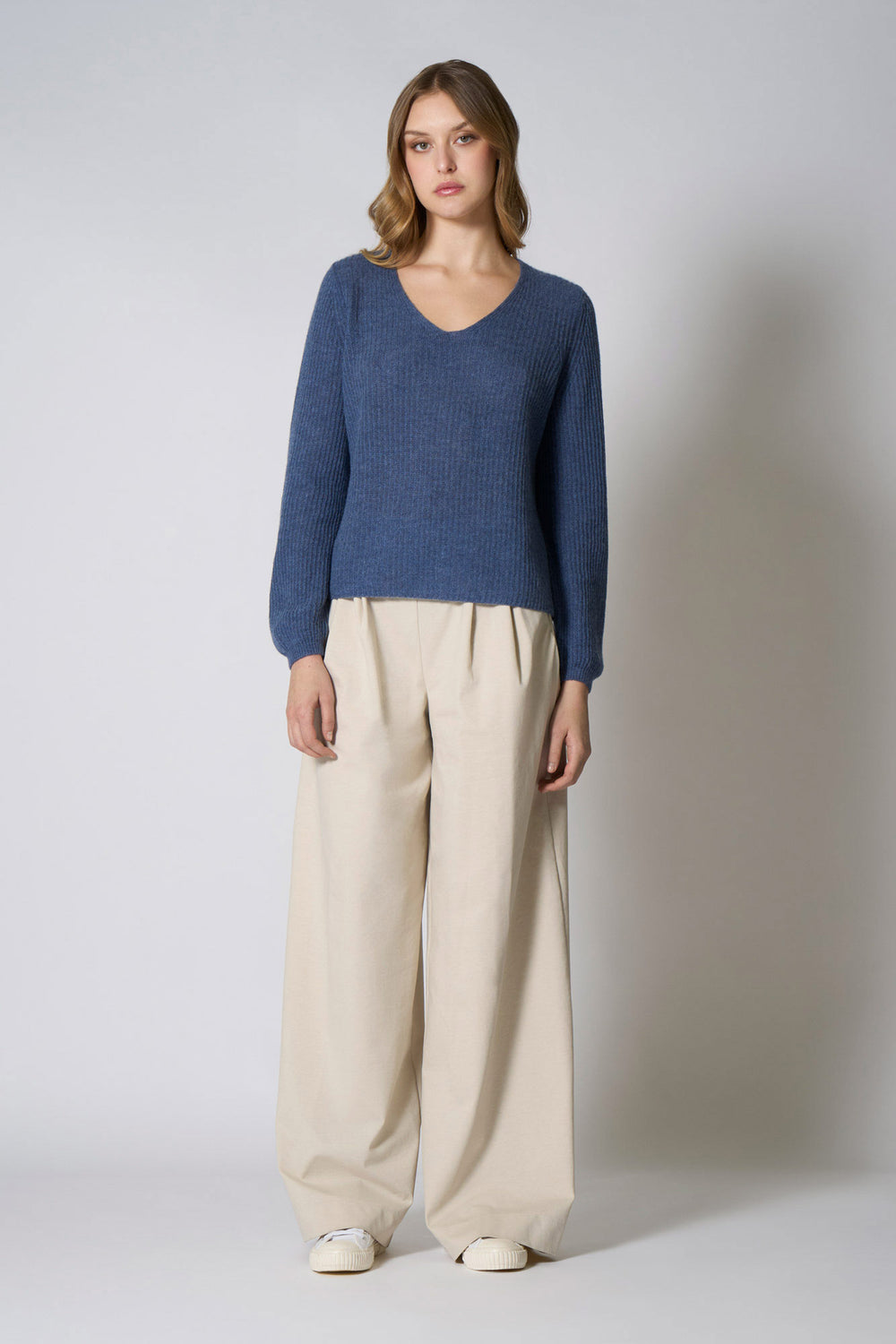 Maglia Scollo a V Costa Inglese in Puro Cashmere Denim Scuro