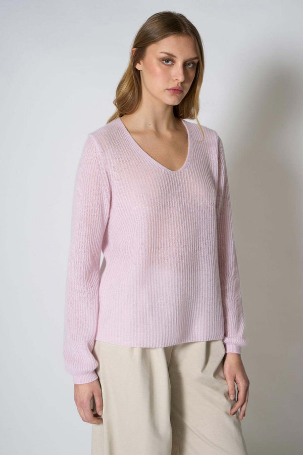 Maglia Scollo a V Costa Inglese in Puro Cashmere Rosa