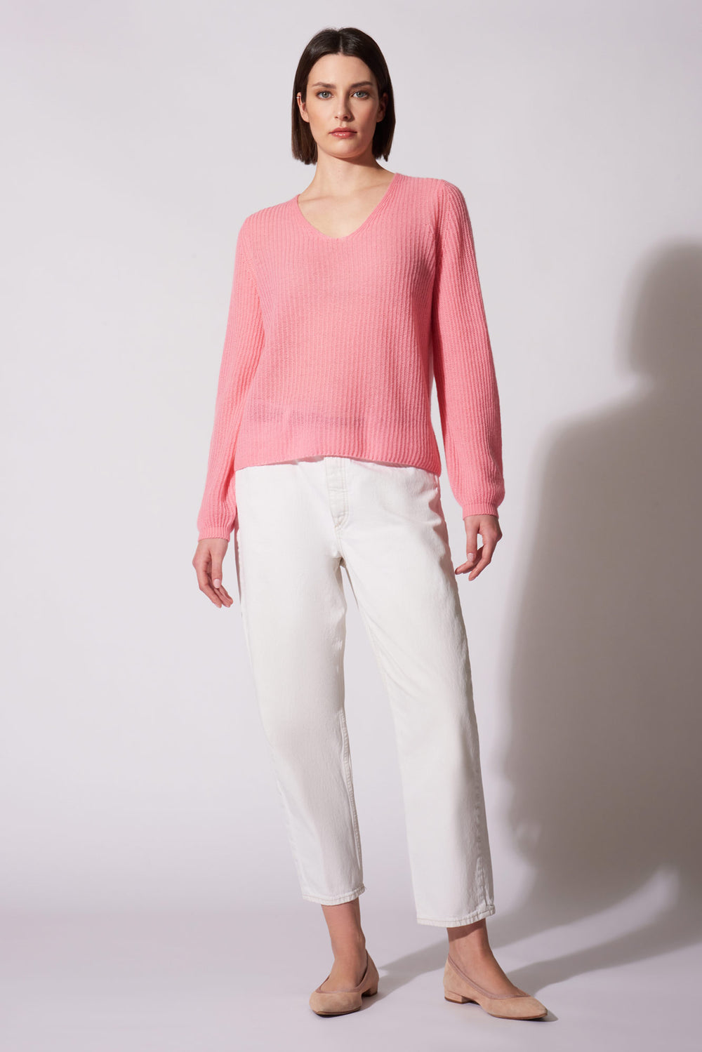 Maglia Scollo a V Costa Inglese in Puro Cashmere Rosa Confetto