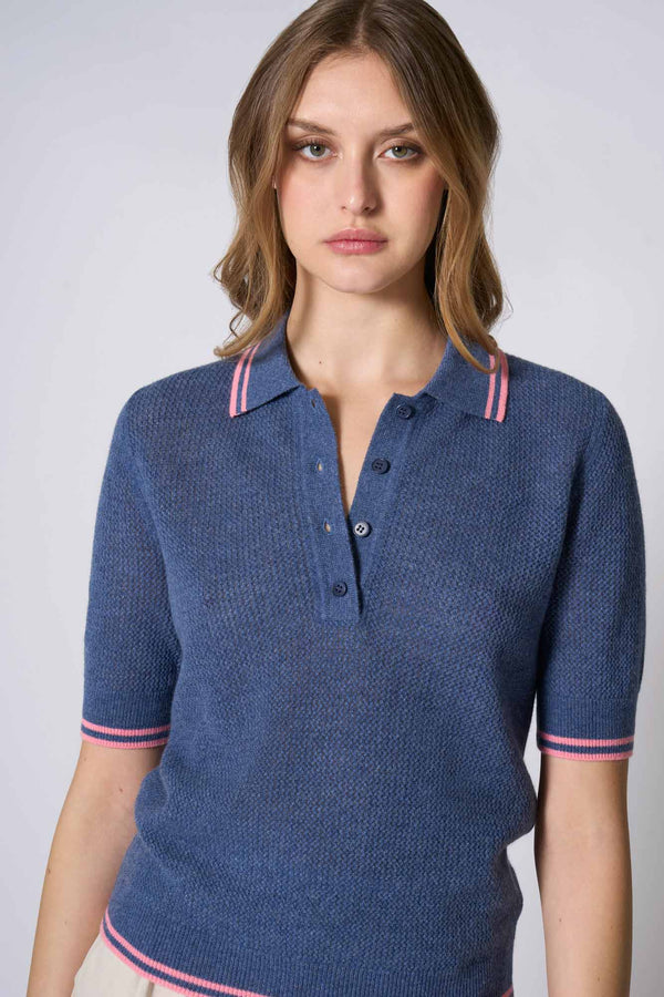 Polo Rete in Puro Cashmere Denim Scuro