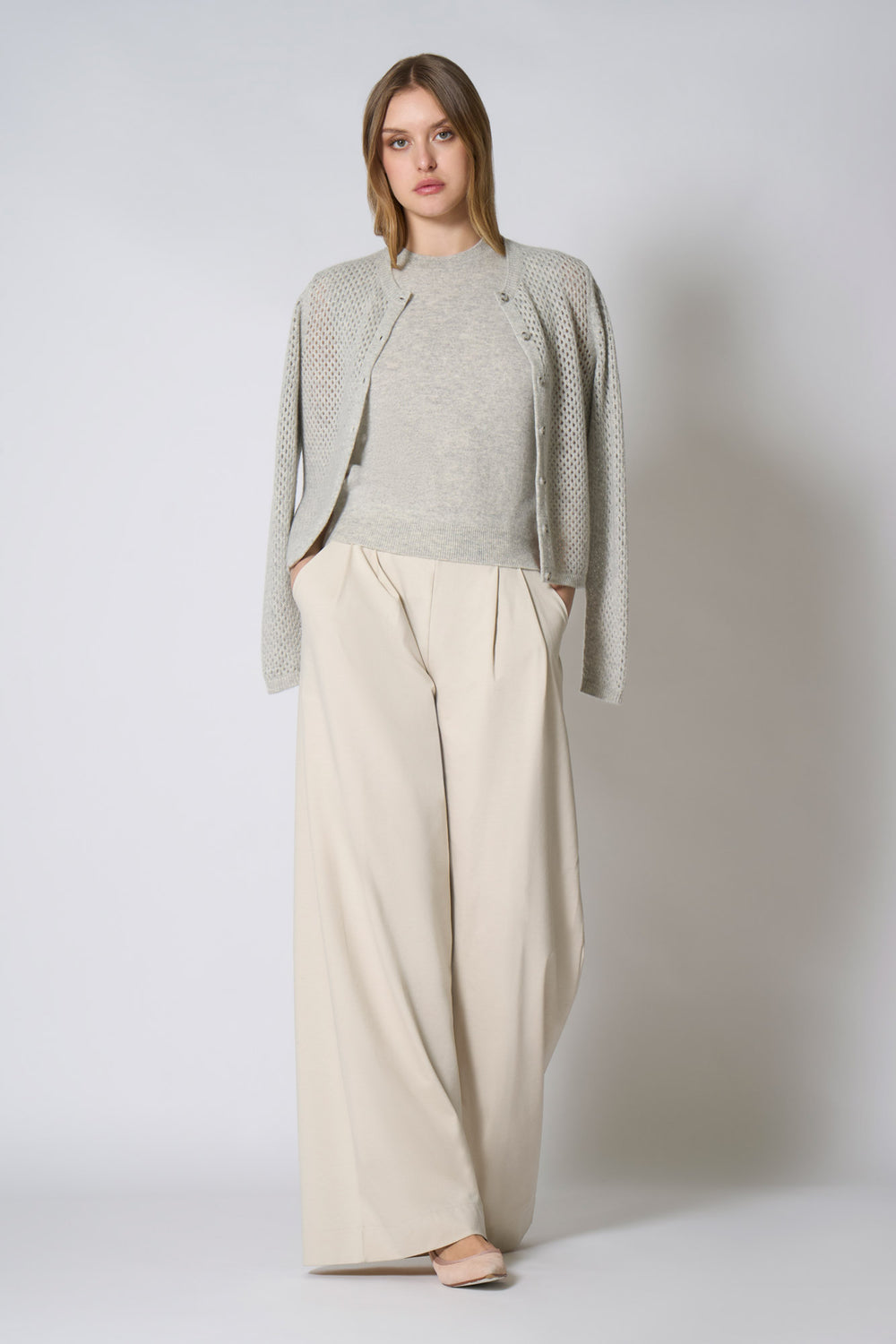 Cardigan Rete in Puro Cashmere Grigio Perla