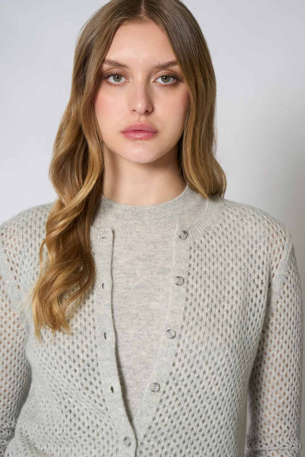 Cardigan Rete in Puro Cashmere Grigio Perla