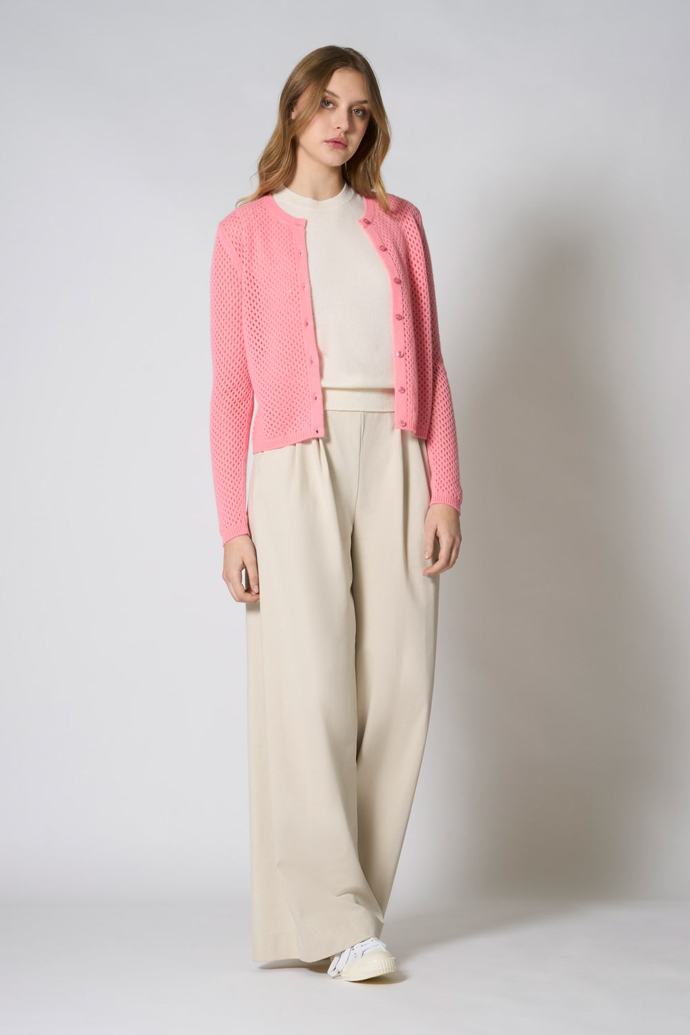 Cardigan Rete in Puro Cashmere Rosa Confetto