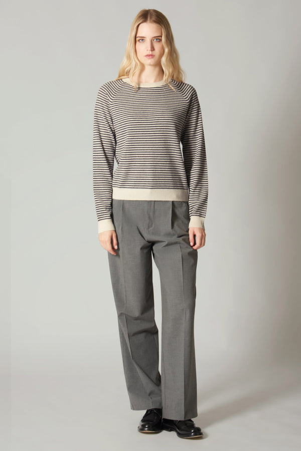 Girocollo a Righe in Puro Cashmere Latte-Flanella