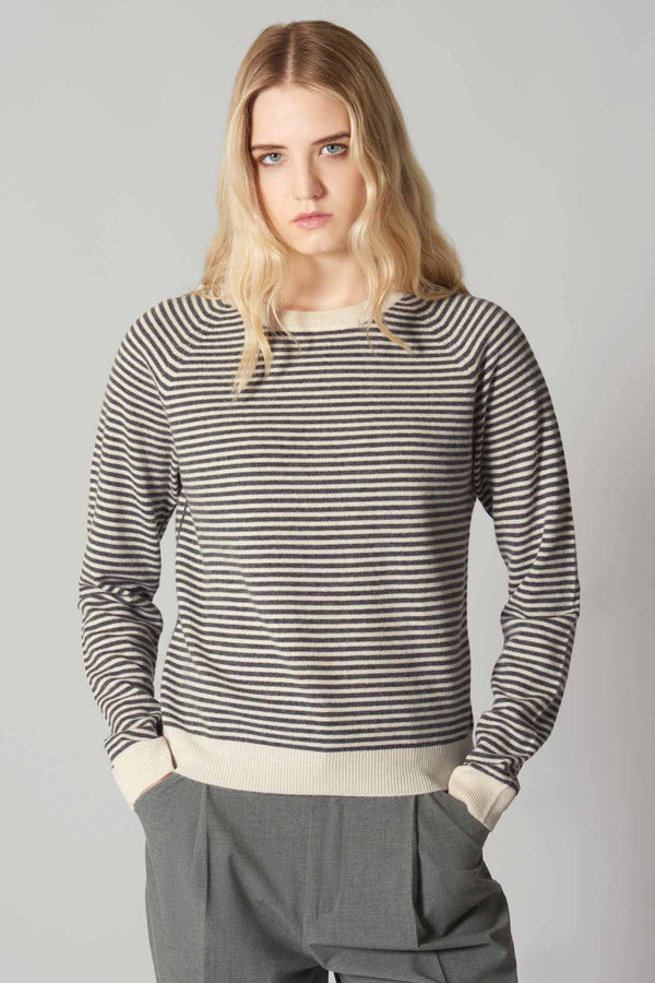 Girocollo a Righe in Puro Cashmere Latte-Flanella