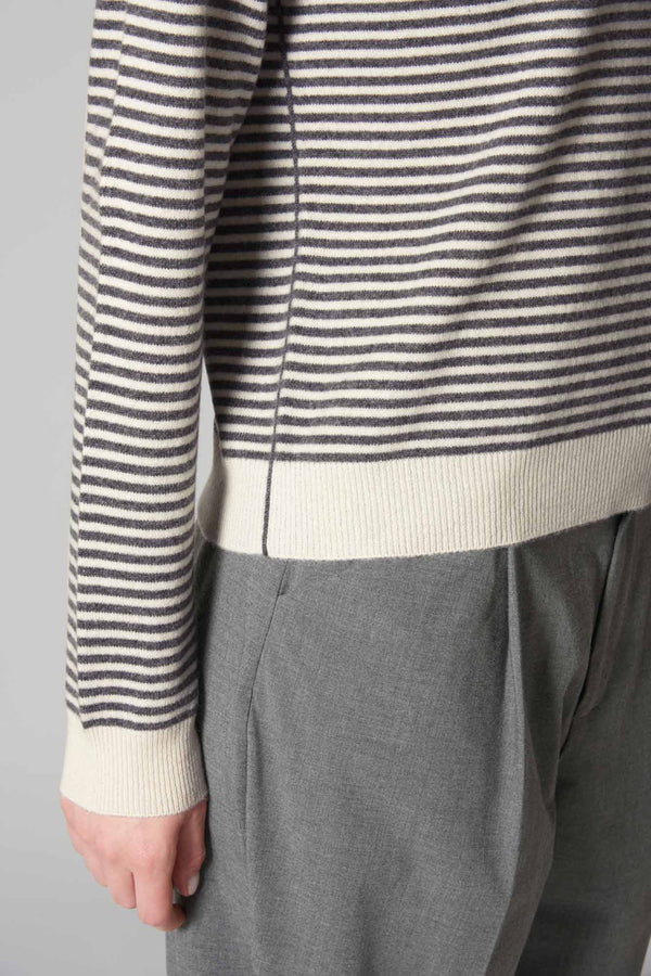 Girocollo a Righe in Puro Cashmere Latte-Flanella