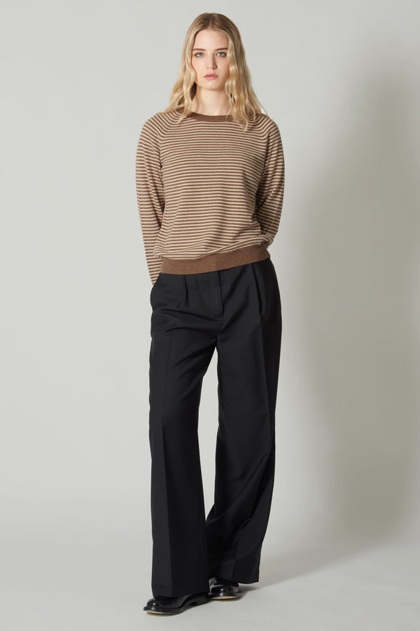 Girocollo a Righe in Puro Cashmere Corteccia-Avena