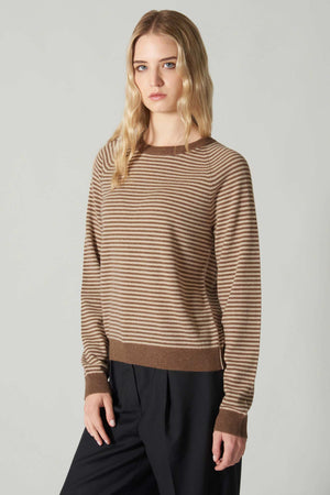 Girocollo a Righe in Puro Cashmere Corteccia-Avena