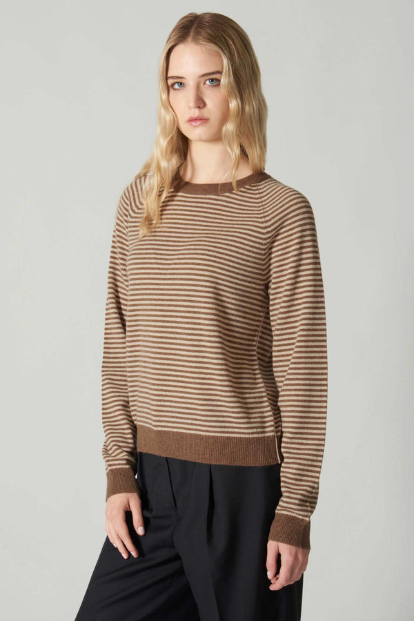 Girocollo a Righe in Puro Cashmere Corteccia-Avena