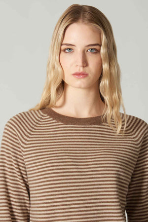 Girocollo a Righe in Puro Cashmere Corteccia-Avena