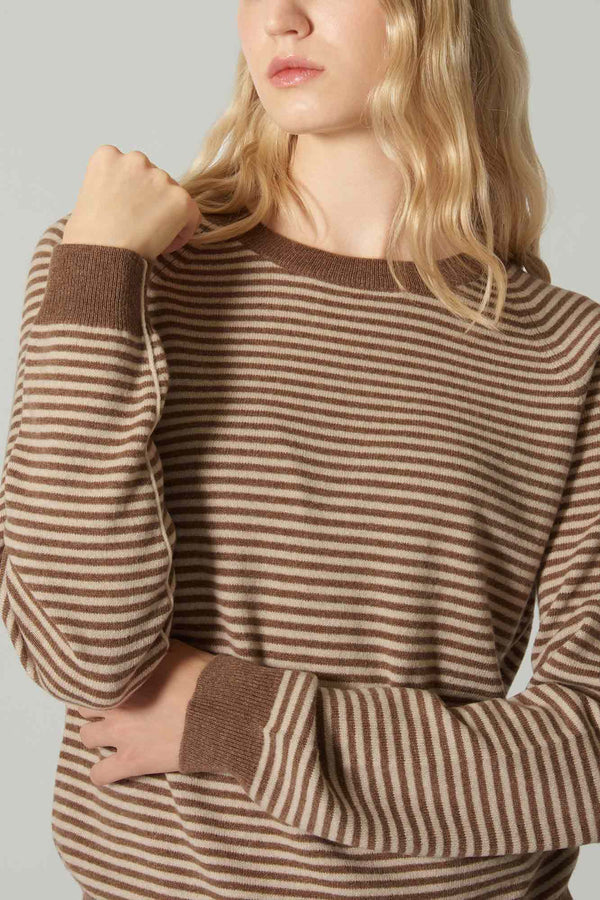 Girocollo a Righe in Puro Cashmere Corteccia-Avena