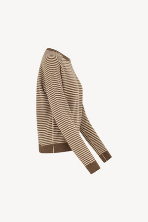Girocollo a Righe in Puro Cashmere Corteccia-Avena