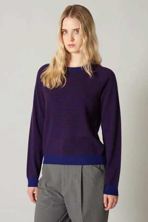 Girocollo a Righe in Puro Cashmere Marino-Acero